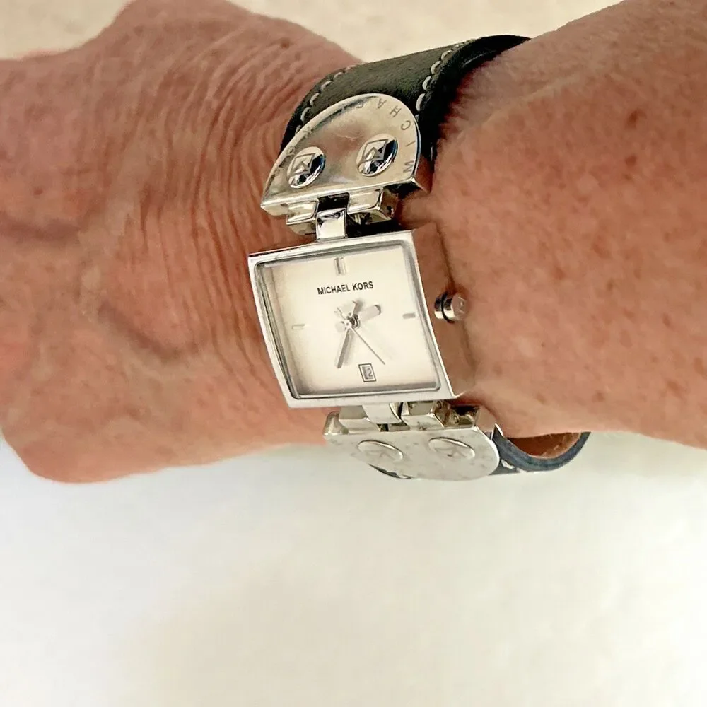 Michael Kors Women’s Rectangle Quartz Watch Silver Dial Black Leather Strap Date
